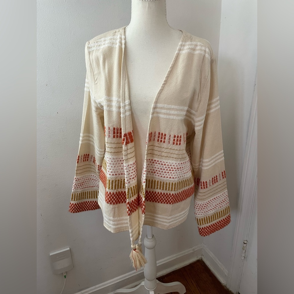 Soft Surroundings Cream Open Knit Cardigan with Rust & Mustard Stripes